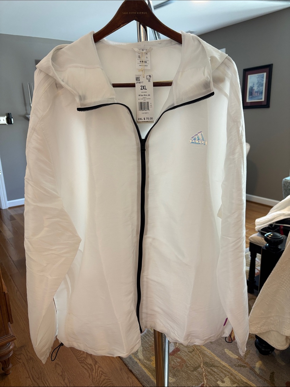 adidas White Full-Zip Hooded Jacket with Black Zip and Cool Iridescent Logo NWT